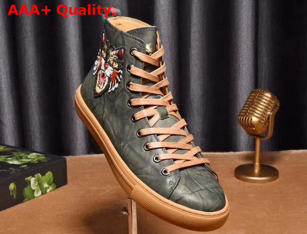 Gucci Leather High Top Sneaker with Embroidered Angry Cat on The Right Dark Green Washed Calf Leather Replica