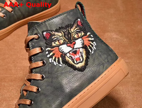 Gucci Leather High Top Sneaker with Embroidered Angry Cat on The Right Dark Green Washed Calf Leather Replica