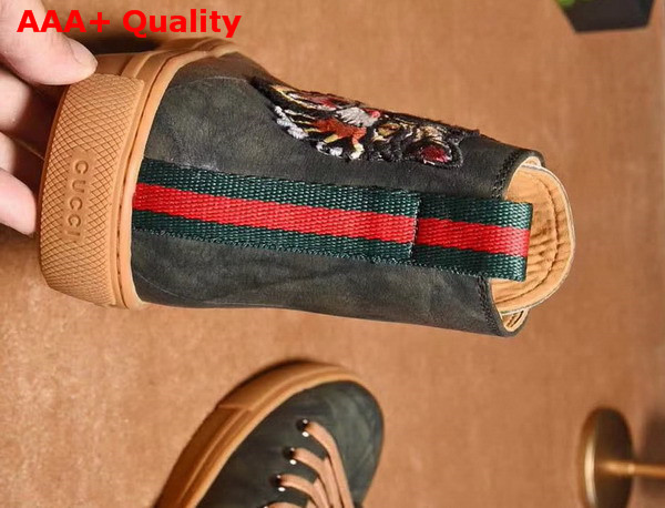 Gucci Leather High Top Sneaker with Embroidered Angry Cat on The Right Dark Green Washed Calf Leather Replica