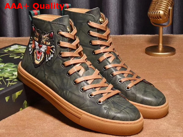 Gucci Leather High Top Sneaker with Embroidered Angry Cat on The Right Dark Green Washed Calf Leather Replica