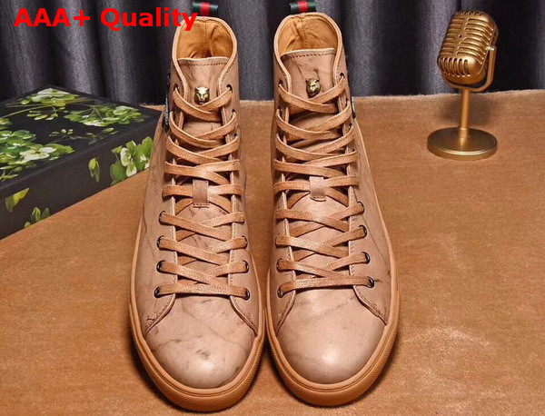 Gucci Leather High Top Sneaker with Embroidered Bee on The Right Light Brown Washed Calf Leather Replica