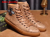 Gucci Leather High Top Sneaker with Embroidered Bee on The Right Light Brown Washed Calf Leather Replica