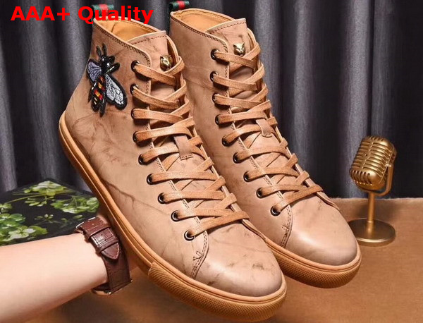 Gucci Leather High Top Sneaker with Embroidered Bee on The Right Light Brown Washed Calf Leather Replica