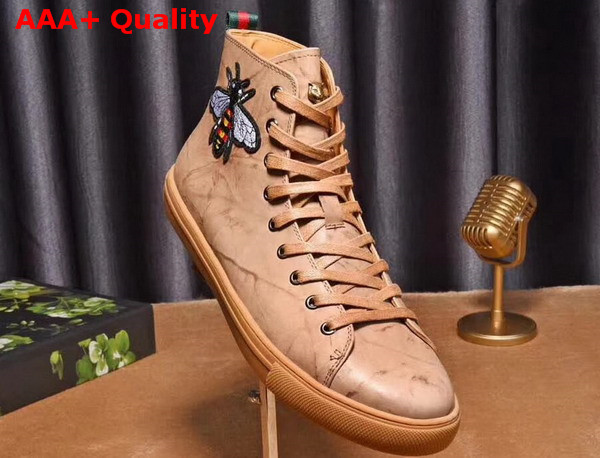 Gucci Leather High Top Sneaker with Embroidered Bee on The Right Light Brown Washed Calf Leather Replica