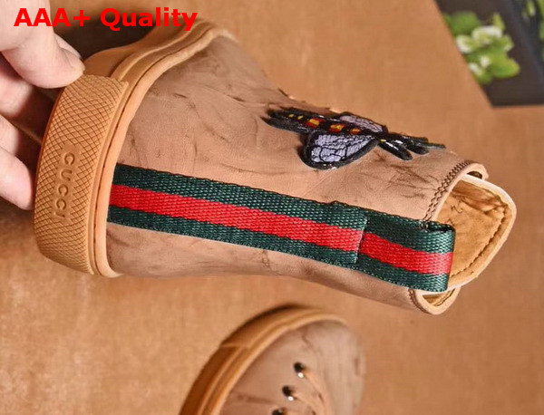 Gucci Leather High Top Sneaker with Embroidered Bee on The Right Light Brown Washed Calf Leather Replica