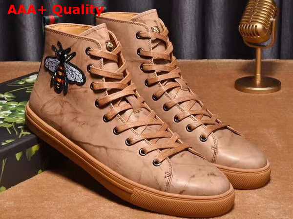 Gucci Leather High Top Sneaker with Embroidered Bee on The Right Light Brown Washed Calf Leather Replica