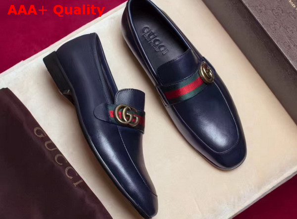 Gucci Leather Loafer with GG Web in Navy Blue Leather Replica