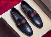 Gucci Leather Loafer with GG Web in Navy Blue Leather Replica