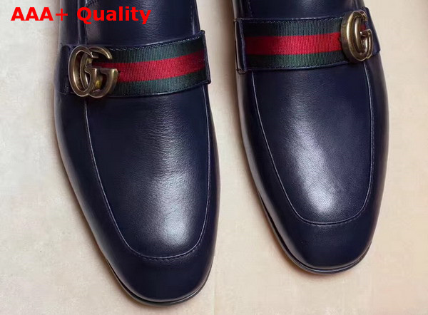 Gucci Leather Loafer with GG Web in Navy Blue Leather Replica