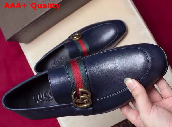 Gucci Leather Loafer with GG Web in Navy Blue Leather Replica