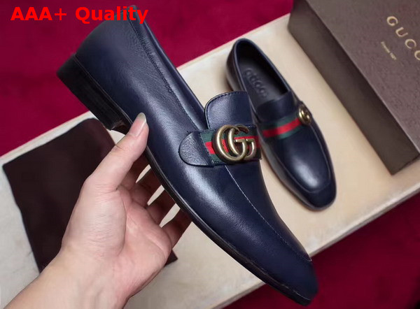 Gucci Leather Loafer with GG Web in Navy Blue Leather Replica