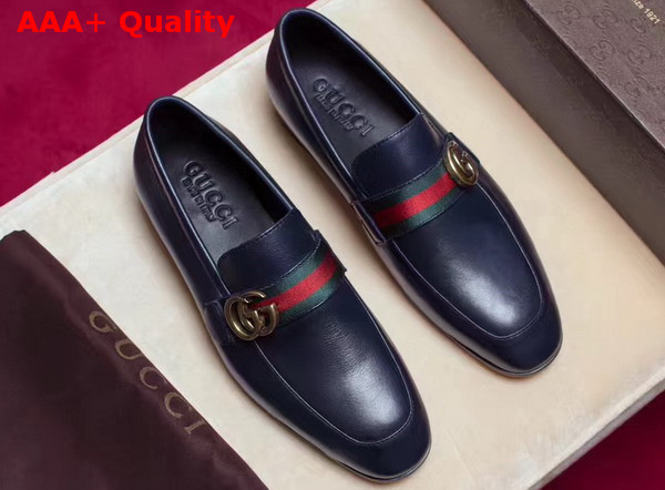 Gucci Leather Loafer with GG Web in Navy Blue Leather Replica