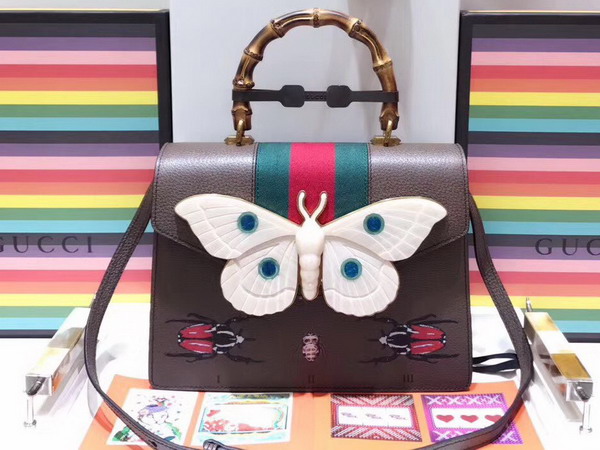 Gucci Leather Medium Top Handle Bag with Ladybugs and Butterflies Brown Leather