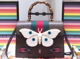 Gucci Leather Medium Top Handle Bag with Ladybugs and Butterflies Brown Leather