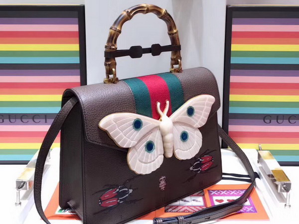 Gucci Leather Medium Top Handle Bag with Ladybugs and Butterflies Brown Leather