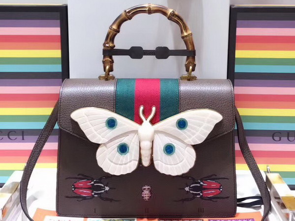 Gucci Leather Medium Top Handle Bag with Ladybugs and Butterflies Brown Leather