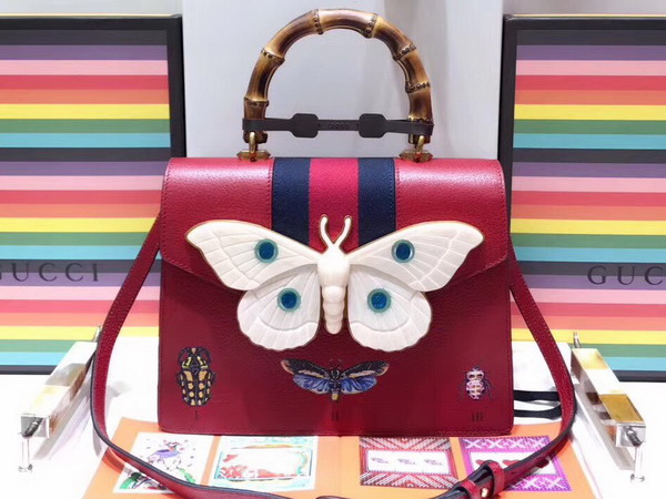 Gucci Leather Medium Top Handle Bag with Ladybugs and Butterflies Hibiscus Red Leather 488691