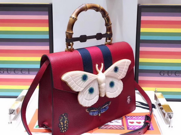 Gucci Leather Medium Top Handle Bag with Ladybugs and Butterflies Hibiscus Red Leather 488691