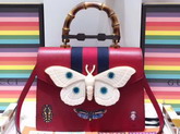 Gucci Leather Medium Top Handle Bag with Ladybugs and Butterflies Hibiscus Red Leather 488691