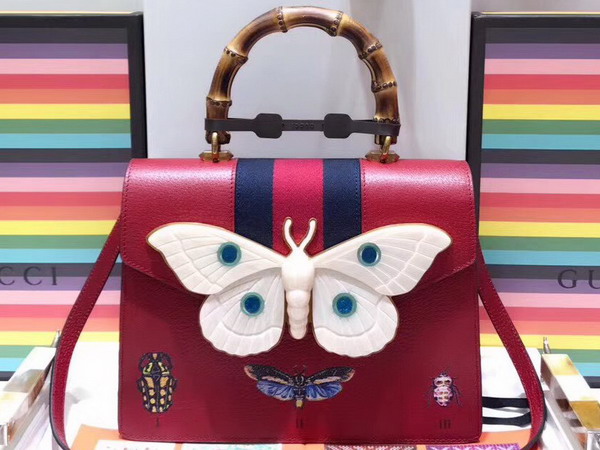 Gucci Leather Medium Top Handle Bag with Ladybugs and Butterflies Hibiscus Red Leather 488691