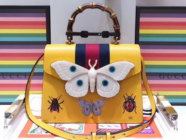 Gucci Leather Medium Top Handle Bag with Ladybugs and Butterflies Yellow Leather