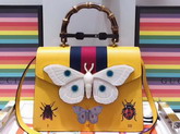 Gucci Leather Medium Top Handle Bag with Ladybugs and Butterflies Yellow Leather