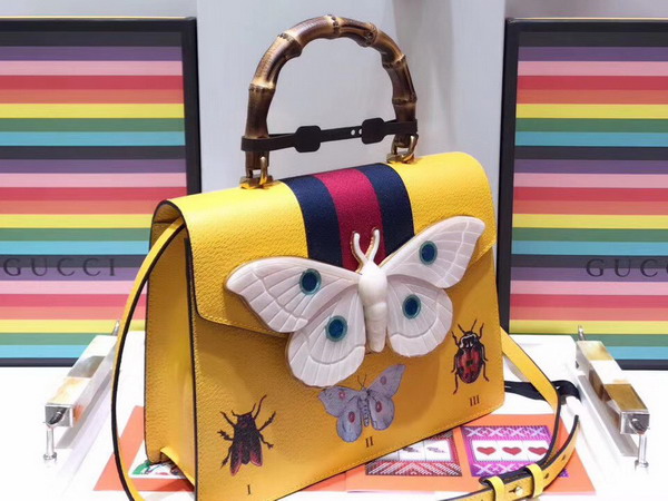 Gucci Leather Medium Top Handle Bag with Ladybugs and Butterflies Yellow Leather