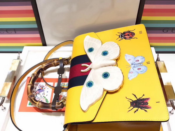 Gucci Leather Medium Top Handle Bag with Ladybugs and Butterflies Yellow Leather