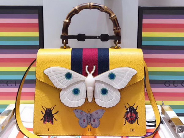 Gucci Leather Medium Top Handle Bag with Ladybugs and Butterflies Yellow Leather