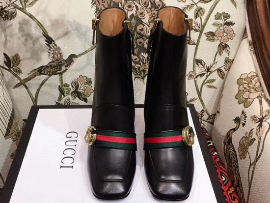 Gucci Leather Mid Heel Ankle Boot in Black with Double G and Web