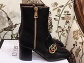 Gucci Leather Mid Heel Ankle Boot in Black with Double G and Web