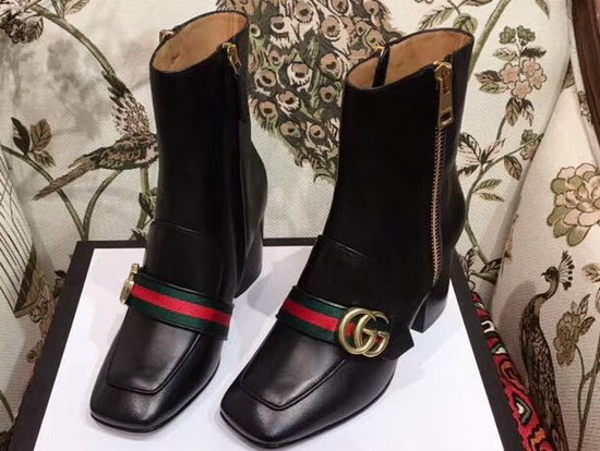 Gucci Leather Mid Heel Ankle Boot in Black with Double G and Web