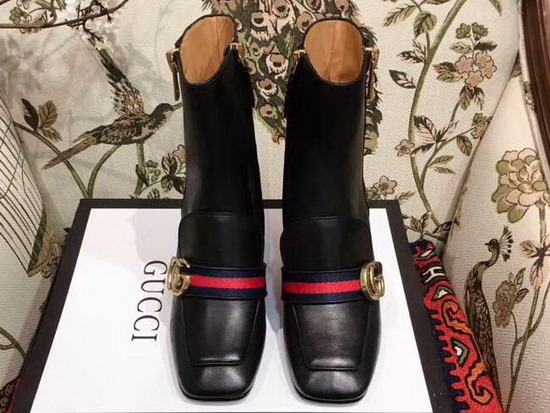 Gucci Leather Mid Heel Ankle Boot in Black with Double G and Web Glass Pearl and Small Studs on The Heel