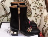 Gucci Leather Mid Heel Ankle Boot in Black with Double G and Web Glass Pearl and Small Studs on The Heel