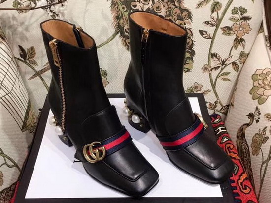 Gucci Leather Mid Heel Ankle Boot in Black with Double G and Web Glass Pearl and Small Studs on The Heel