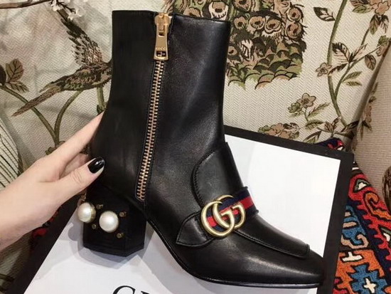 Gucci Leather Mid Heel Ankle Boot in Black with Double G and Web Glass Pearl and Small Studs on The Heel