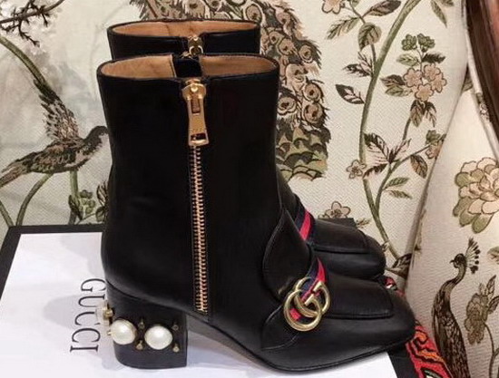 Gucci Leather Mid Heel Ankle Boot in Black with Double G and Web Glass Pearl and Small Studs on The Heel