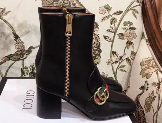 Gucci Leather Mid Heel Ankle Boot in Black with Double G and Web