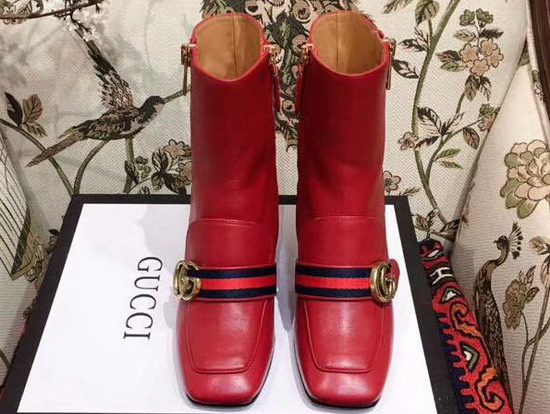 Gucci Leather Mid Heel Ankle Boot in Red with Double G and Web Glass Pearl and Small Studs on The Heel