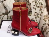 Gucci Leather Mid Heel Ankle Boot in Red with Double G and Web Glass Pearl and Small Studs on The Heel