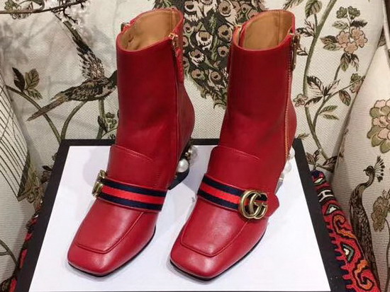 Gucci Leather Mid Heel Ankle Boot in Red with Double G and Web Glass Pearl and Small Studs on The Heel