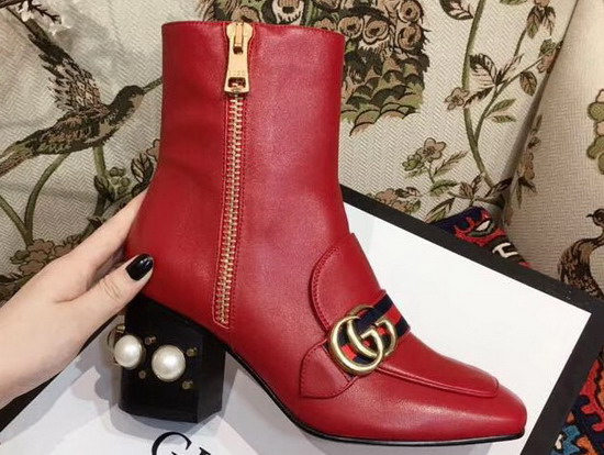 Gucci Leather Mid Heel Ankle Boot in Red with Double G and Web Glass Pearl and Small Studs on The Heel