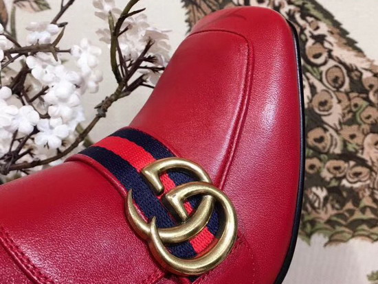 Gucci Leather Mid Heel Ankle Boot in Red with Double G and Web Glass Pearl and Small Studs on The Heel