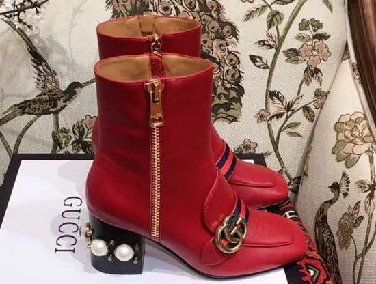 Gucci Leather Mid Heel Ankle Boot in Red with Double G and Web Glass Pearl and Small Studs on The Heel