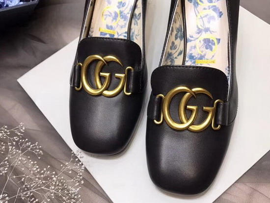 Gucci Leather Mid Heel Pump with Double G Black Leather