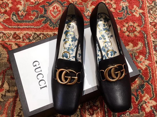 Gucci Leather Mid Heel Pump with Double G Black Letaher 525333