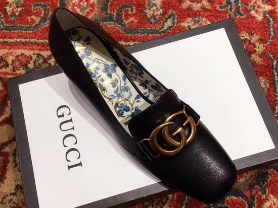 Gucci Leather Mid Heel Pump with Double G Black Letaher 525333