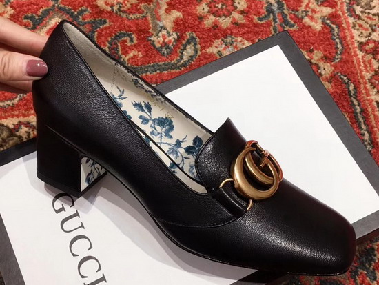 Gucci Leather Mid Heel Pump with Double G Black Letaher 525333