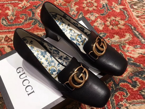 Gucci Leather Mid Heel Pump with Double G Black Letaher 525333