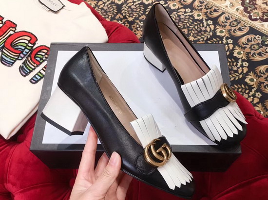 Gucci Leather Mid Heel Pump with Double G Hardware Detailed On Fold Over Fringe Black and White Leather 408208